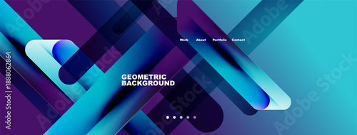 Abstract geometric design. Blue, purple hues create dynamic composition. Text elements present work, about, portfolio, contact options.