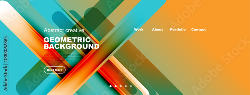 Abstract geometric design features vibrant orange, blue, green layers. Text promotes creative work, portfolio access. Simple navigation present.