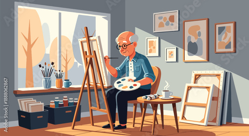 Elderly man painting on canvas in a small studio, flat vector illustration representing creativity, independent living, and artistic aging lifestyle