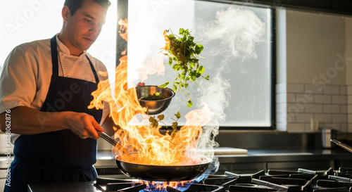 Chef stir-frying herbs in a sizzling pan over an open flame