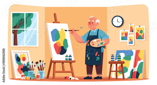 Elderly man painting on canvas in a small studio, flat vector illustration representing creativity, independent living, and artistic aging lifestyle