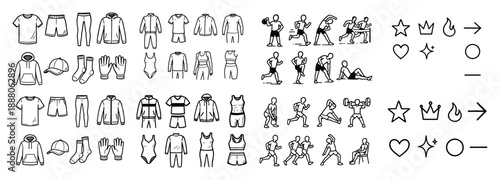 Fitness outfits and workout icons set