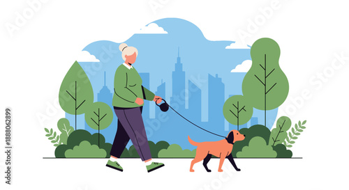 Elderly woman walking her dog in a park, modern flat vector style showing active lifestyle, companionship, independent aging, and outdoor mobility