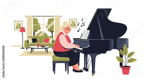 Elderly woman playing piano at home, modern flat vector style showing cultural hobby, creativity, independent aging, and joyful lifestyle