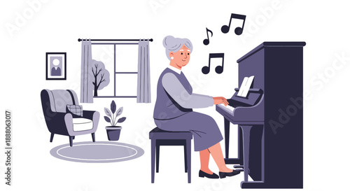 Elderly woman playing piano at home, modern flat vector style showing cultural hobby, creativity, independent aging, and joyful lifestyle