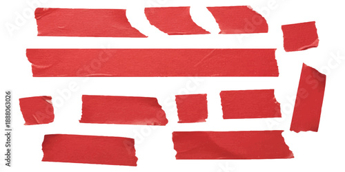 Collection of torn red masking tape strips and pieces on a white background, versatile graphic design elements