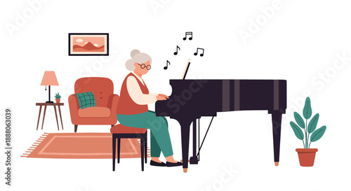 Elderly woman playing piano at home, modern flat vector style showing cultural hobby, creativity, independent aging, and joyful lifestyle