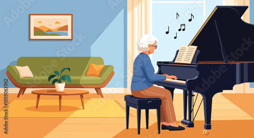 Elderly woman playing piano at home, modern flat vector style showing cultural hobby, creativity, independent aging, and joyful lifestyle