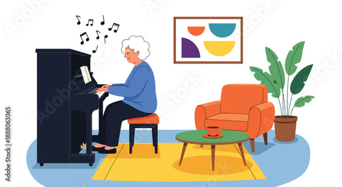 Elderly woman playing piano at home, modern flat vector style showing cultural hobby, creativity, independent aging, and joyful lifestyle
