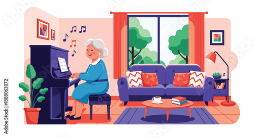 Elderly woman playing piano at home, modern flat vector style showing cultural hobby, creativity, independent aging, and joyful lifestyle