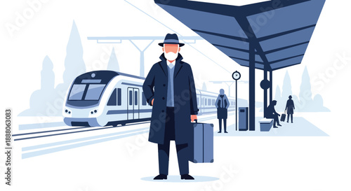 Elderly man traveling alone with suitcase at a train station, flat vector illustration showing independence, mobility, and confident senior lifestyle