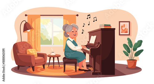 Elderly woman playing piano at home, modern flat vector style showing cultural hobby, creativity, independent aging, and joyful lifestyle