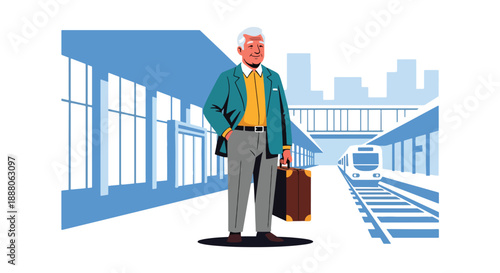 Elderly man traveling alone with suitcase at a train station, flat vector illustration showing independence, mobility, and confident senior lifestyle