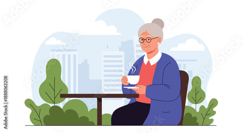 Elderly woman enjoying coffee alone at an outdoor café, flat vector style showing leisure, independence, and relaxed senior lifestyle