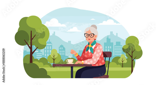 Elderly woman enjoying coffee alone at an outdoor café, flat vector style showing leisure, independence, and relaxed senior lifestyle
