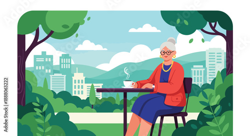 Elderly woman enjoying coffee alone at an outdoor café, flat vector style showing leisure, independence, and relaxed senior lifestyle
