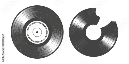 Vintage vinyl record with a bite taken out, black and white halftone illustration graphic
