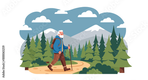 Elderly woman enjoying coffee alone at an outdoor café, flat vector style showing leisure, independence, and relaxed senior lifestyle