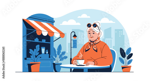 Elderly woman enjoying coffee alone at an outdoor café, flat vector style showing leisure, independence, and relaxed senior lifestyle