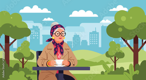 Elderly woman enjoying coffee alone at an outdoor café, flat vector style showing leisure, independence, and relaxed senior lifestyle