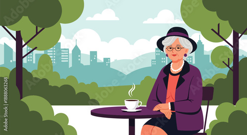 Elderly woman enjoying coffee alone at an outdoor café, flat vector style showing leisure, independence, and relaxed senior lifestyle