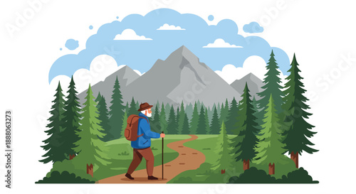 Elderly man hiking alone on a nature trail, modern flat vector style representing outdoor adventure, independence, and active aging lifestyle