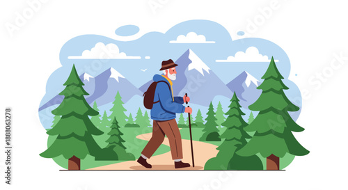 Elderly man hiking alone on a nature trail, modern flat vector style representing outdoor adventure, independence, and active aging lifestyle