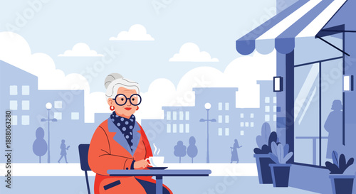 Elderly man hiking alone on a nature trail, modern flat vector style representing outdoor adventure, independence, and active aging lifestyle