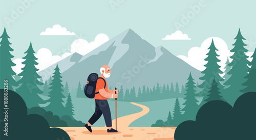 Elderly man hiking alone on a nature trail, modern flat vector style representing outdoor adventure, independence, and active aging lifestyle