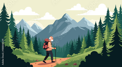 Elderly man hiking alone on a nature trail, modern flat vector style representing outdoor adventure, independence, and active aging lifestyle