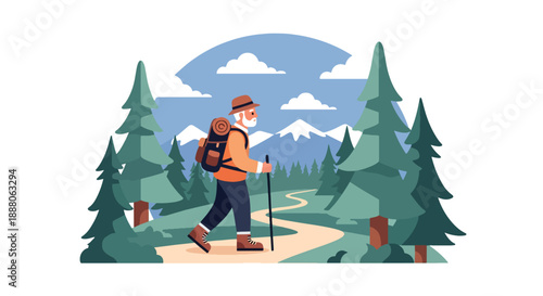 Elderly man hiking alone on a nature trail, modern flat vector style representing outdoor adventure, independence, and active aging lifestyle