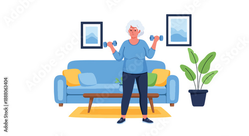 Elderly woman exercising with light weights at home, flat vector style showing health awareness, independence, and active senior lifestyle