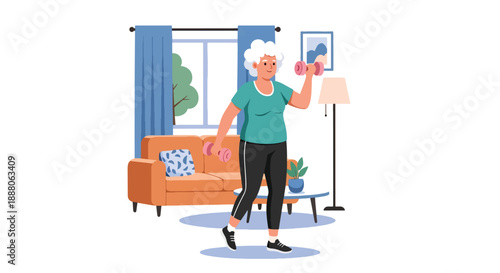 Elderly woman exercising with light weights at home, flat vector style showing health awareness, independence, and active senior lifestyle