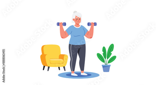 Elderly woman exercising with light weights at home, flat vector style showing health awareness, independence, and active senior lifestyle