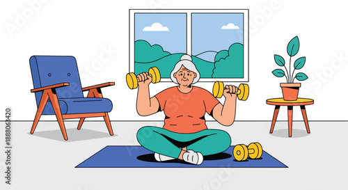 Elderly woman exercising with light weights at home, flat vector style showing health awareness, independence, and active senior lifestyle