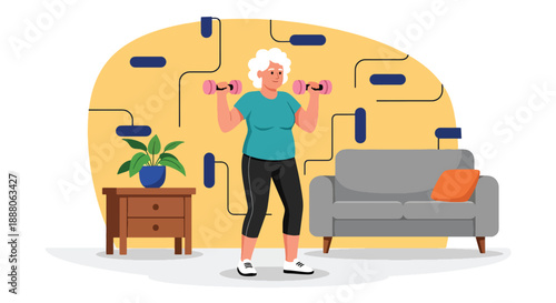 Elderly woman exercising with light weights at home, flat vector style showing health awareness, independence, and active senior lifestyle