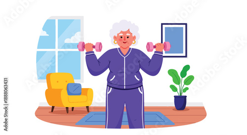 Elderly woman exercising with light weights at home, flat vector style showing health awareness, independence, and active senior lifestyle