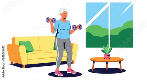 Elderly woman exercising with light weights at home, flat vector style showing health awareness, independence, and active senior lifestyle