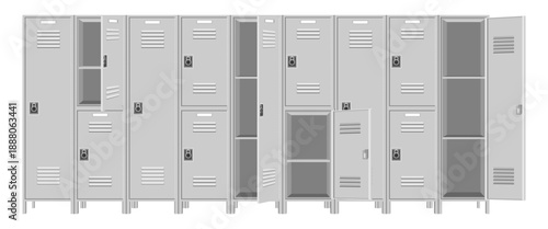 long and half metal lockers open and close, vector illustration isolated on white background.