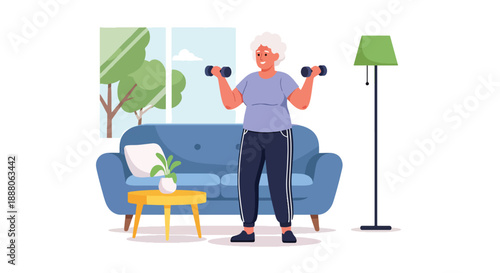 Elderly woman exercising with light weights at home, flat vector style showing health awareness, independence, and active senior lifestyle