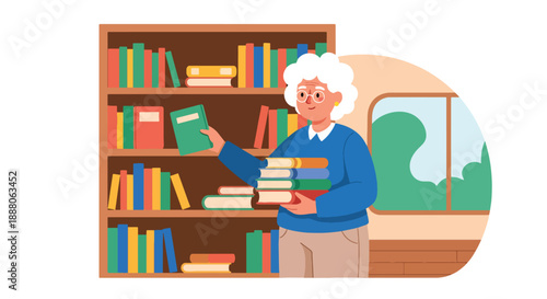 Elderly woman volunteering at a library community center, flat vector style showing active social life, independence, and positive aging lifestyle