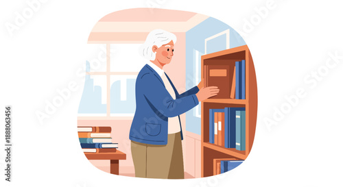 Elderly woman volunteering at a library community center, flat vector style showing active social life, independence, and positive aging lifestyle