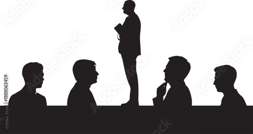Business meeting with a speaker at a podium silhouette