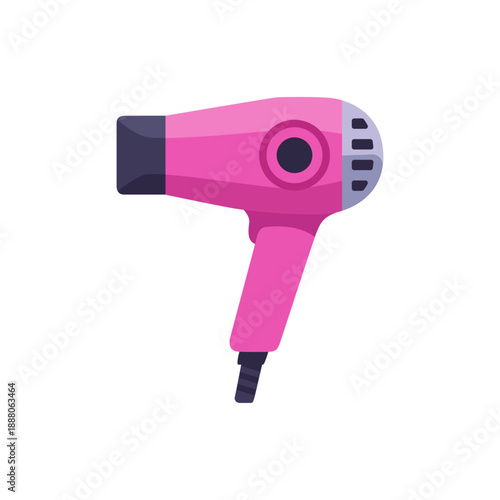 Pink handheld hair dryer with cord, colorful vector flat style illustration