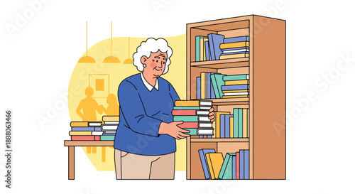 Elderly woman volunteering at a library community center, flat vector style showing active social life, independence, and positive aging lifestyle