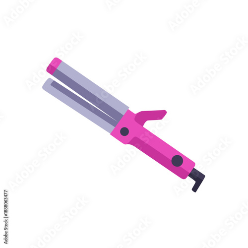Pink curling iron with clamp and cord, colorful vector flat style illustration