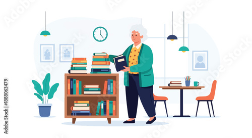 Elderly woman volunteering at a library community center, flat vector style showing active social life, independence, and positive aging lifestyle