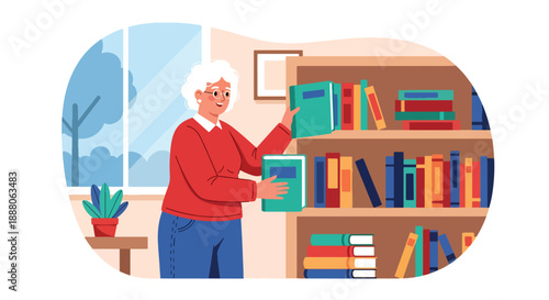 Elderly woman volunteering at a library community center, flat vector style showing active social life, independence, and positive aging lifestyle
