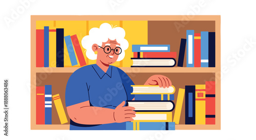 Elderly woman volunteering at a library community center, flat vector style showing active social life, independence, and positive aging lifestyle
