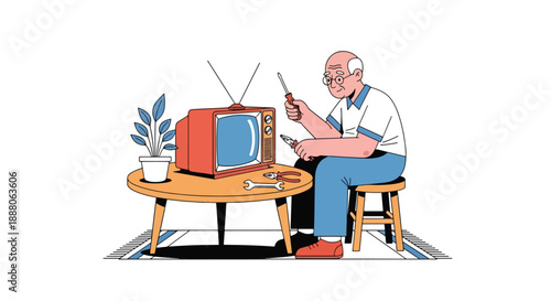 Elderly man repairing household items with tools, flat vector illustration showing practical independence and active senior lifestyle